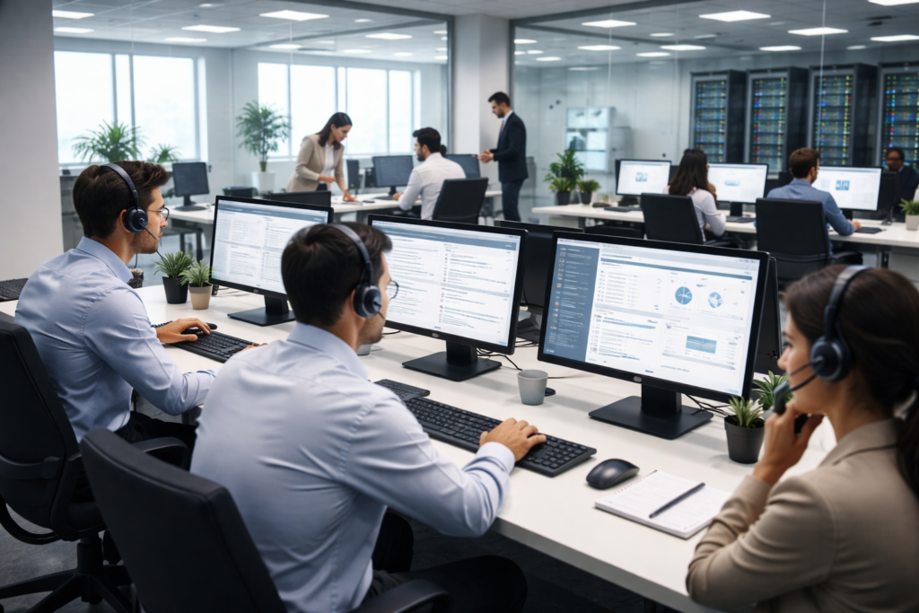 Mesa de ayuda TI atendiendo soporte al usuario final en una empresa