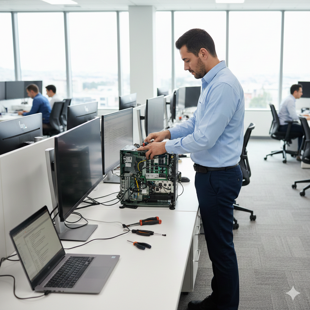 Técnico realizando mantenimiento preventivo de TI para garantizar continuidad operativa empresarial en oficina de Guatema